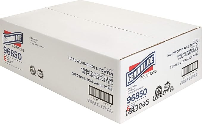 Genuine Joe Hardwound Roll Towels, White, 7" x 850', 6 Count