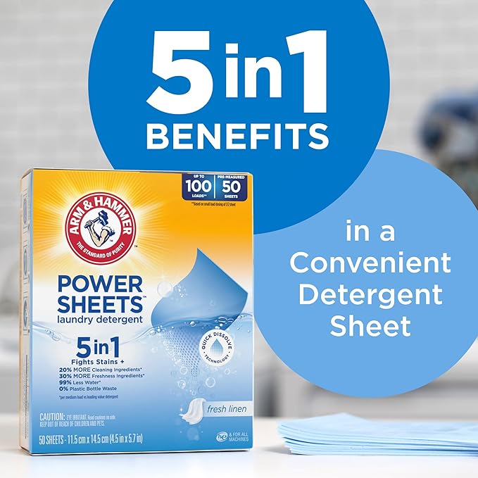 Arm & Hammer Power Sheets Laundry Detergent, Fresh Linen 50ct, up to 100 Small Loads (Packaging may vary)