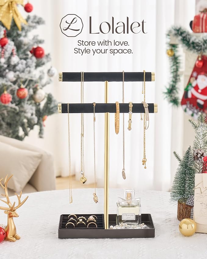 Lolalet 2-Tier Necklace Holder Display, Velvet Wrapped Bracelet Stand with Removable Ring Tray, Tall Jewelry Organizer for Bangles Watches Earrings, Galentines Valentines Gifts for Girls Women -Black