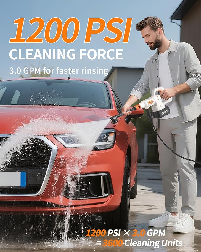 Cordless Pressure Washer Battery Powered; 1200PSI Cordless Power Washer with Brushless Motor, 4.0Ah Battery,6-in-1 Nozzle, 3 Power Level; Handheld Portable Pressure Washer Cordless (5022-1)