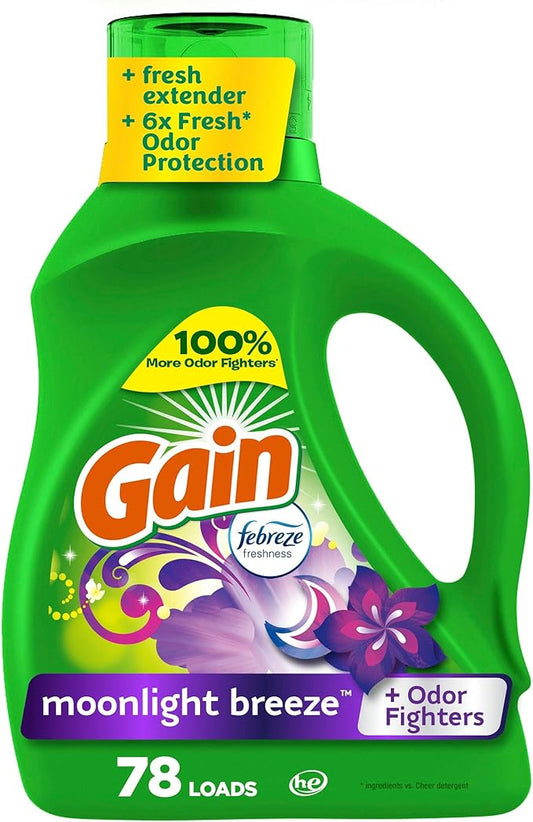 Gain Liquid Laundry Detergent, Moonlight Breeze Scent, 113 fl oz, 78 Loads, Freshness + Odor Fighting, High Efficiency Washing Machine Liquid Cleaning Soap