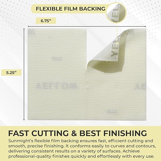 Sunmight 800G Grip 25 Flexible Sanding Sheets - Premium Aluminum Oxide - Flexible Sandpaper Film Backing - Ceramic Alumina Grit - Sandpaper for Wood, Metal, Plastic & Automotive