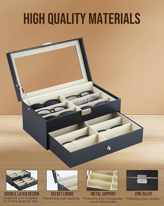12 Slot Sunglasses Organizer, Lockable Leather Multi Eyeglasses Organizer with Drawers, Eyeglass Frames with Clear Glass Covers for Watch Jewelry Collection, Black