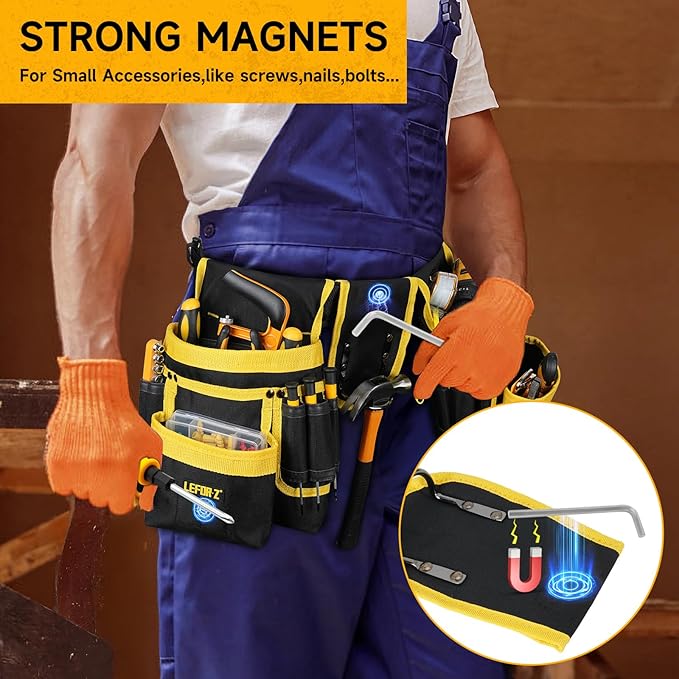 Tool Belt,Magnetic Tool Pouch,27-Pockets Heavy Duty Tool Belts for Men,Detachable Tool Pouch Bag for Electrician,Carpenter,Construction,Utility Belt,Valentines Day Gifts for Men,Black,Yellow
