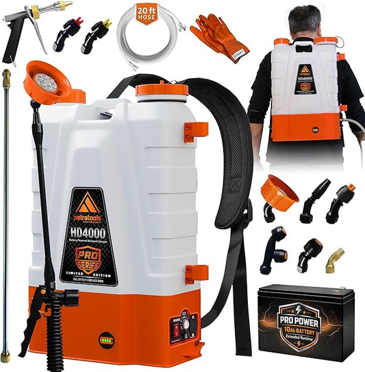 PetraTools Battery Powered Backpack Sprayer 4 Gallon - 8 Hours Long Battery Life & Padded Straps for Comfort - HD4000 Electric Backpack Garden Sprayer with 9 Spray Nozzles (HD4000 Pro Series)