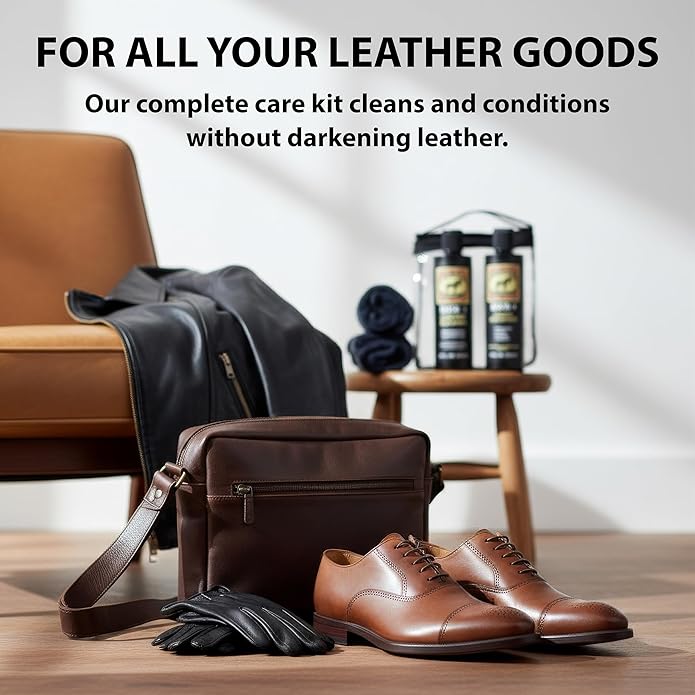 Complete Leather Care Kit | Leather Cleaner, Conditioner, 2 Cloths | Bick 1 & Bick 4 | Won't Darken Leather | Made in the USA | Non-Toxic, Family Safe | For Shoes, Bags, Furniture, All Leather