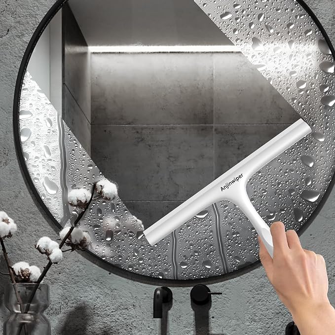 All-Purpose Shower Squeegee for Shower Glass Door with Adhesive Hook, Silicone Squeegee for Shower Doors, Bathroom, Windows, Mirrors, Shower Cleaner Tool Household Squeegee(10 inch-White)