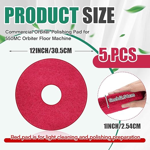 5 Pcs 12" Cleaning Orbiter Pads Commercial Floor Buffer Pads Hardwood Floor Maintenance Scrubber Polisher Cleaning and Stripping for Orbiter Machine (Red)