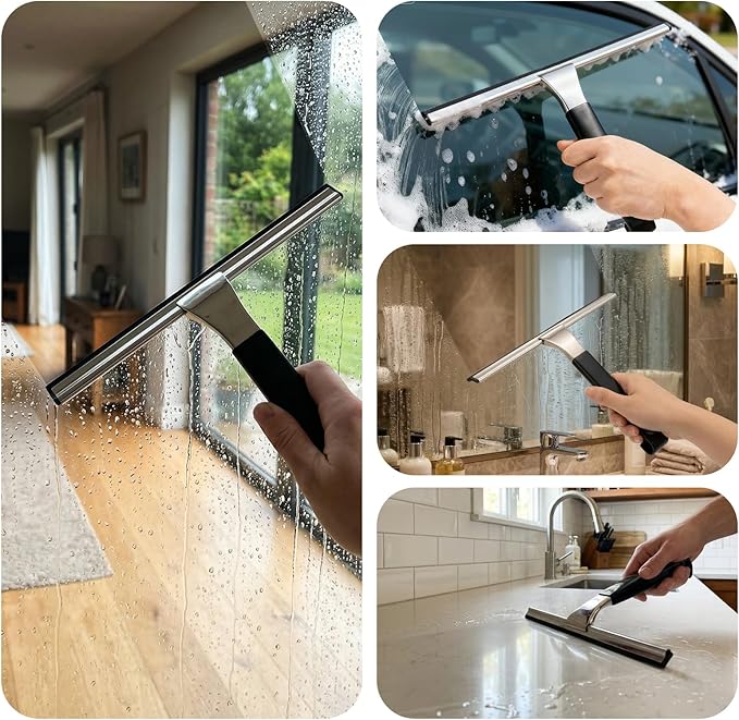 10" Wide Stainless Steel All-Purpose Shower Squeegee for Glass Doors, Shower Glass Squeegee with Hook, Squeegee for Shower Glass, Tile, Bathroom, Car Glass, Mirror