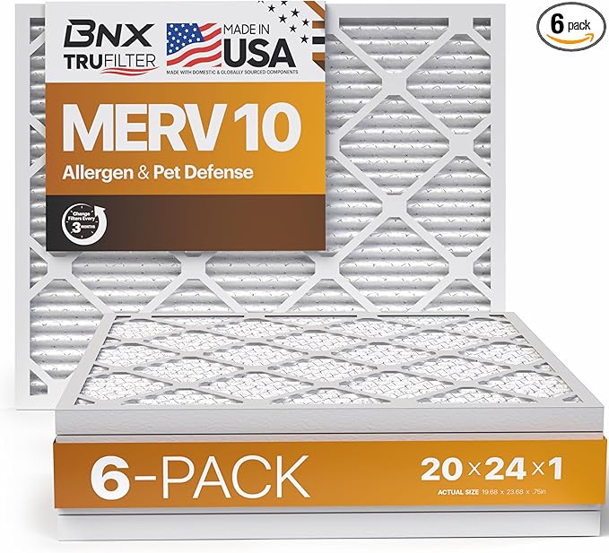 BNX TruFilter 20x24x1 MERV 10 (6-Pack) AC Furnace Air Filter - MADE IN USA - Pleated Air Conditioner HVAC AC Furnace Filters - Removes Odor, Mold, Bacteria, Smoke