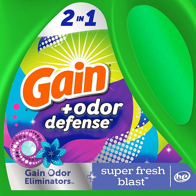 Gain Odor Defense Liquid Laundry Detergent, Super Fresh Blast Scent, 2 x 65 fl oz, 2 x 45 loads, total of 90 loads, 2 in 1, Laundry Detergent Liquid Soap, HE compatible