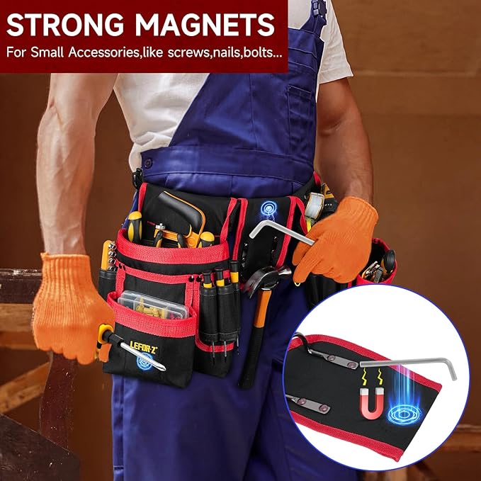 Tool Belt,Magnetic Tool Pouch,27-Pockets Heavy Duty Tool Belts for Men,Detachable Tool Pouch Bag for Electrician,Carpenter,Construction,Work Apron,Utility Belt,Valentines Day Gifts for Men,Black,Red