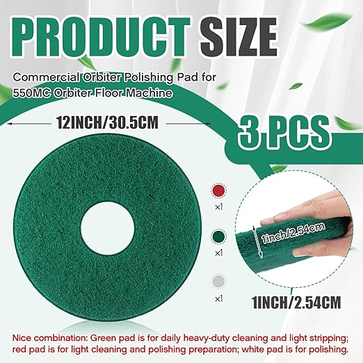 3 Pcs 12" Cleaning Orbiter Pads Commercial Floor Buffer Pads Hardwood Floor Maintenance Scrubber Polisher Cleaning and Stripping for Orbiter Machine (Green,Red,White)