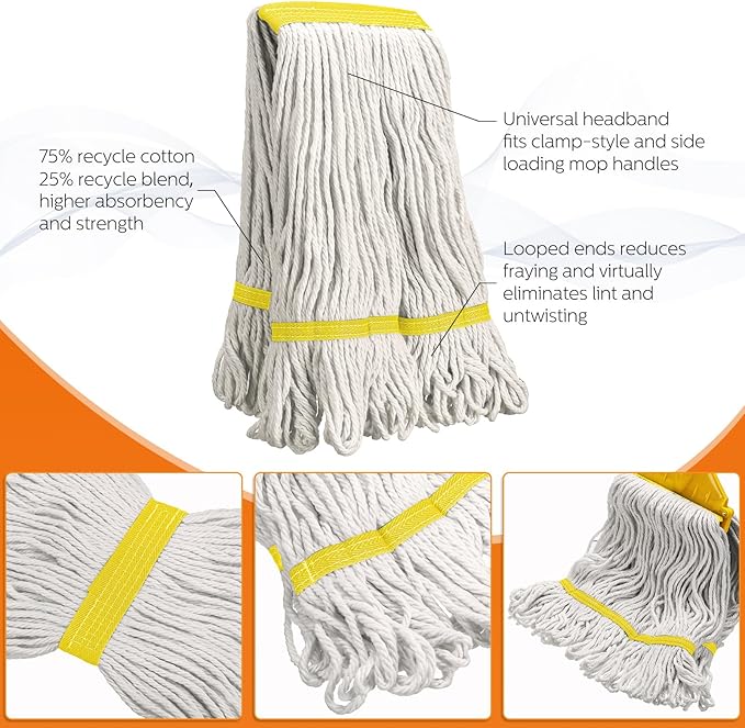 6 Pack Heavy Loop End Cotton String Mop Head Heavy Duty Mop Head Commercial Refills Mop Head Replacement for Home Industrial Commercial Floor Cleaning(White, Yellow)