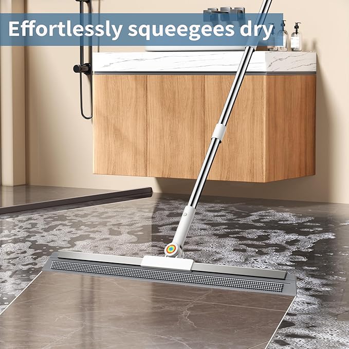 Floor Squeegee for Concrete Floor, Squeegee for Floor with 180° Rotating Head & 63" Long Handle, Garage Floor Squeegee Broom for Epoxy, Pet Hair, Water Removal, Tile Floor, Shower Glass, Driveway