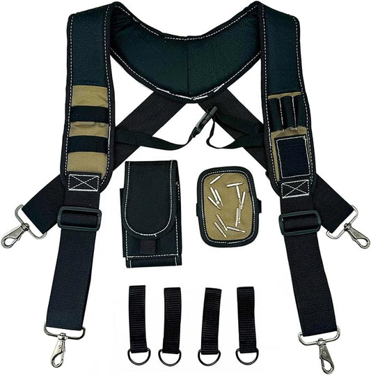 Tool Belt Suspenders for Work Belt Heavy Duty Padded with Magnetic WristBand Attachment Loops for Men (Khaki)