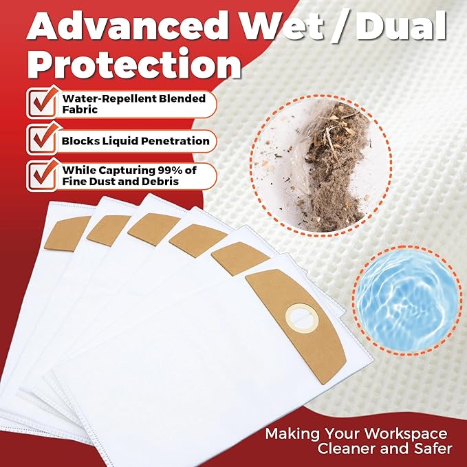12-Pack Wet/Dry Dust Bags for FLEX 24V Brushless Wet/Dry Vacuum | Filter Bags Compatible with FLEX VC 6L MC & VC 6L MC 18.0 | Vacuum Cleaner Replacement Bags 487287