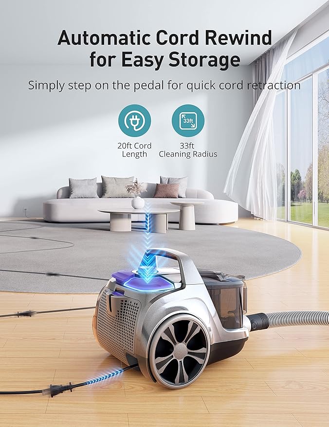 Aspiron Canister Vacuum, Upgraded 1600W Bagless Canister Vacuum Cleaner, Auto Cord Rewind, H13 HEPA Filter, 3.7Qt Large Capacity, 5 Tools for Hard Floors, Carpet, Pet, Upholstery, Tiles, Violet