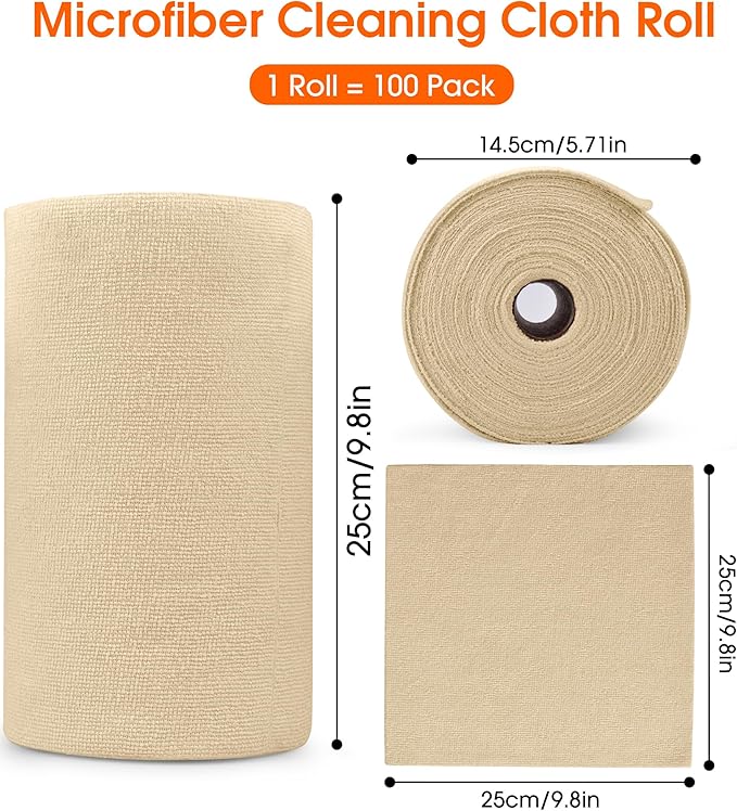 Microfiber Cleaning Cloth Roll - 100 Pack Tear Away Microfiber Paper Towels, Reusable, Washable, Scratch-Free, Kitchen Towels for Car, Home, Kitchen, Glass, Dishes (Wheat Beige)