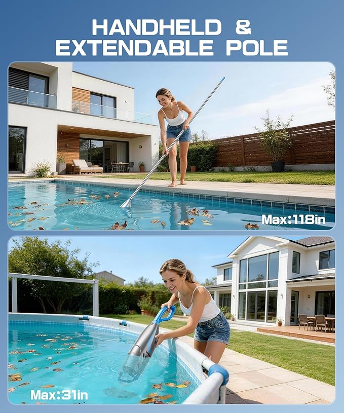 UIRWAY Cordless Pool Vacuum for Above Ground Pools, Upgraded 26.5 GPM Powerful Suction, IPX8 Handheld Rechargeable Pool Cleaner 2 Vacuum Heads & 4 Filter Bags, 1H Runtime, Portable for Inground Pools