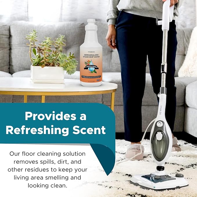 Steam & Go Demineralized Water for Steam Cleaner - PVC-Free Floor Cleaning Solution Compatible for All Steam Mops - Multi-Surface Cleaner for Home Surfaces - Tropical Bloom Scent, 32 oz