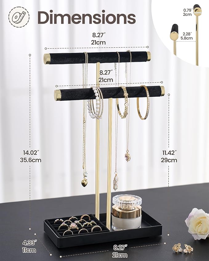 Lolalet 2-Tier Necklace Holder Display, Velvet Wrapped Bracelet Stand with Removable Ring Tray, Tall Jewelry Organizer for Bangles Watches Earrings, Galentines Valentines Gifts for Girls Women -Black