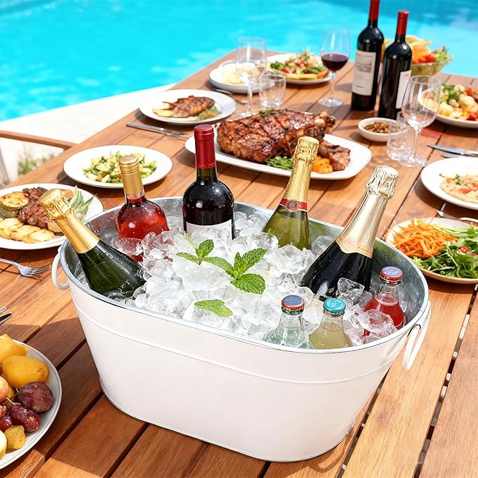 2PCS Galvanized Tub Ice Bucket for Parties, Thick Metal Galvanized Drink Buckets, Beverage Bucket with Handles, Drink Bucket for Indoor & Outdoor Party (White)