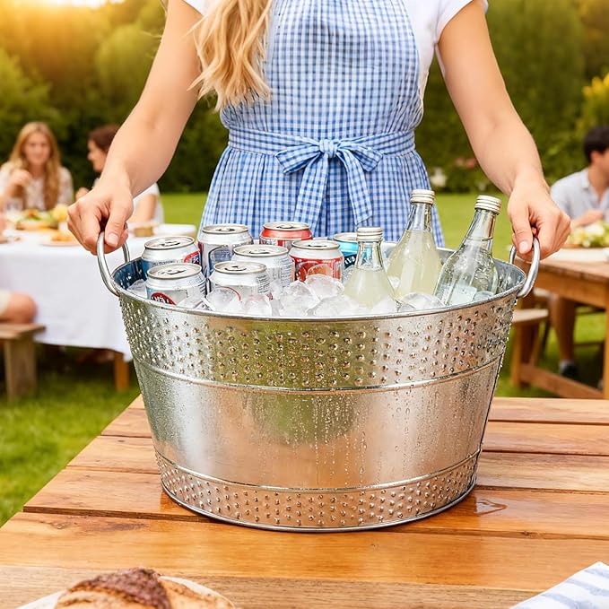 2PCS Galvanized Tub Ice Bucket For Parties, Thick Metal Galvanized Drink Buckets, Beverage Bucket with Handles,Drink Bucket for Indoor & Outdoor Party (Sliver)