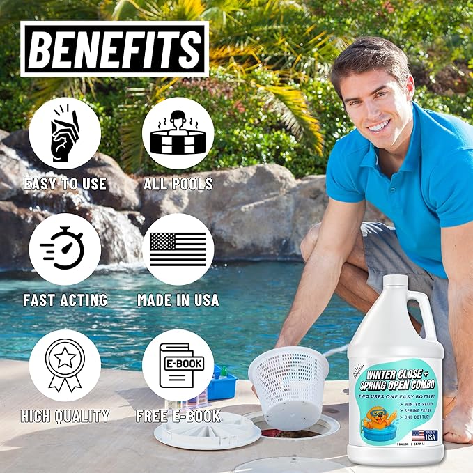 Pool Closing Kit – Winterizing Formula for Above-Ground & In-Ground Pools | Liquid All-in-One Treatment + Spring Opening Support (1 Gallon), Winterizing Kit, Pool Start-Up, Pool Chemicals
