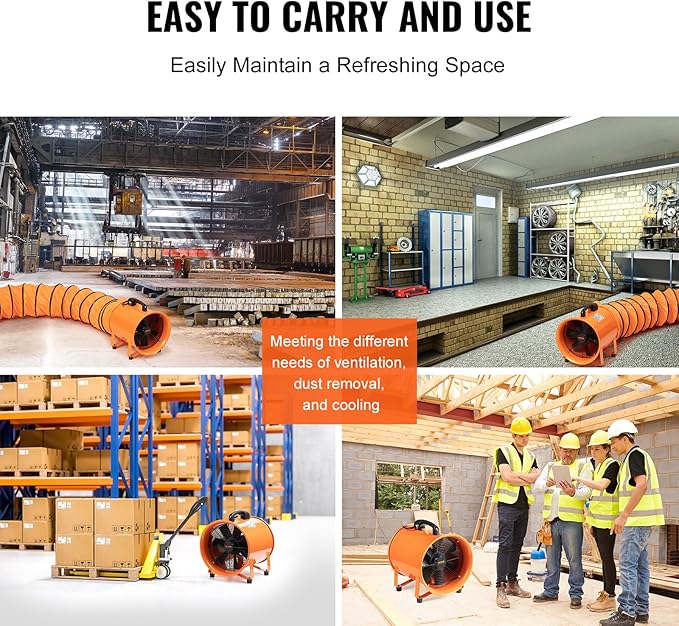VEVOR Air Mover Blower Fan 12 Inch, 3198CFM 585W with 33ft Flexible Duct, Industrial Portable Ventilator Blower/Exhaust, Orange