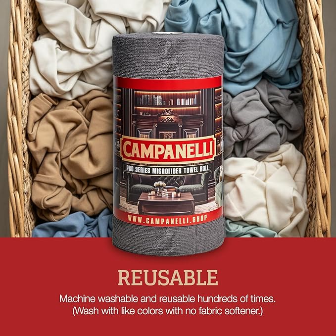 CAMPANELLI Pro Series Utility Microfiber Towel Roll | Lint-Free Multi-Purpose Microfiber Towels Reusable Cleaning Cloths for Home, Garage, Kitchen and Car Detailing | 50 Count - Gray