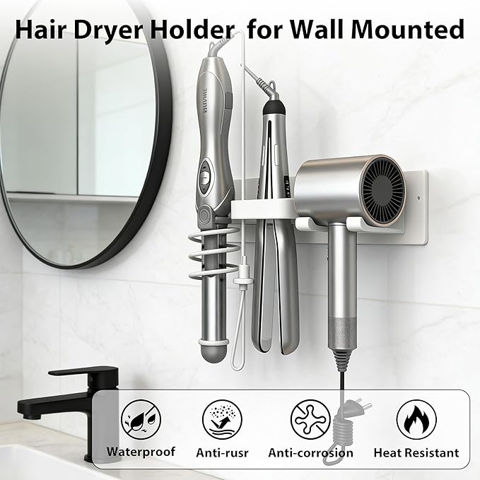 Blow Dryer Holder Wall Mount, 3 in 1 Bathroom Hair Tool Organizer with Curling Iron Holder & Flat Iron Holder, Universal Hair Dryer Holder Rack Storage White