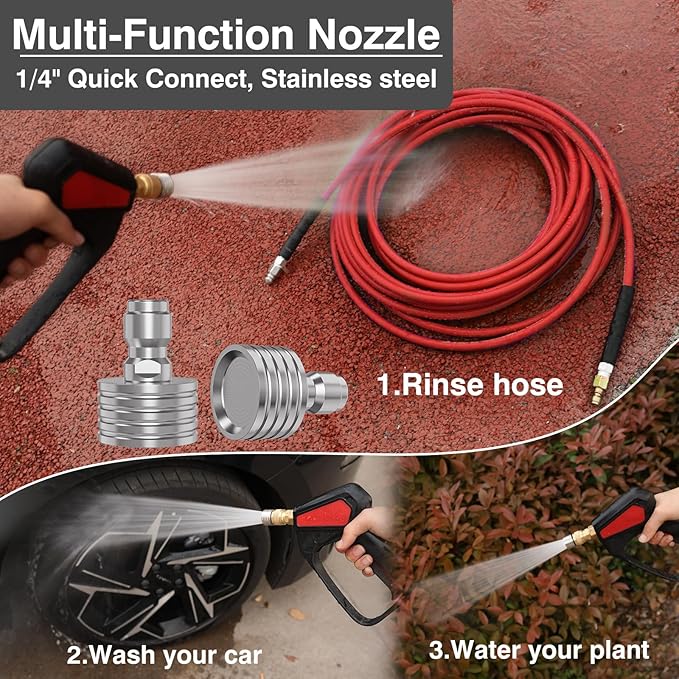 Sewer Jetter Kit 100FT for Pressure Washer, 5800 PSI Drain Cleaner Hose 1/4 Inch NPT with Spray Nozzle, Button Nose and Rotating Sewer Jetting Nozzle, Spanner Teflon Tape Pearl Corsage Pin