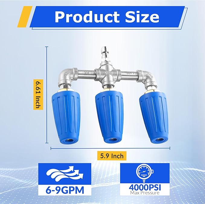 Triple Turbo Nozzle Pressure Washer, 3-in-1 Power Washer Turbo Nozzle with 1/4" Quick Connect, 360° Rotating Turbo Nozzle Tip- 4000 PSI, 4-6 GPM, 2.0 Orifice, Blue