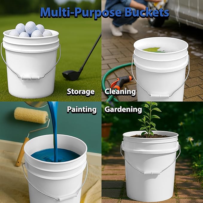 5-Gallon Bucket with Airtight Lid – Heavy-Duty Extra Durable Pail – Made in USA – Premium Quality HDPE – Food Grade – BPA Free – Metal Handle with Plastic Grip – Stackable – Multi-Use – White, 5 Pack