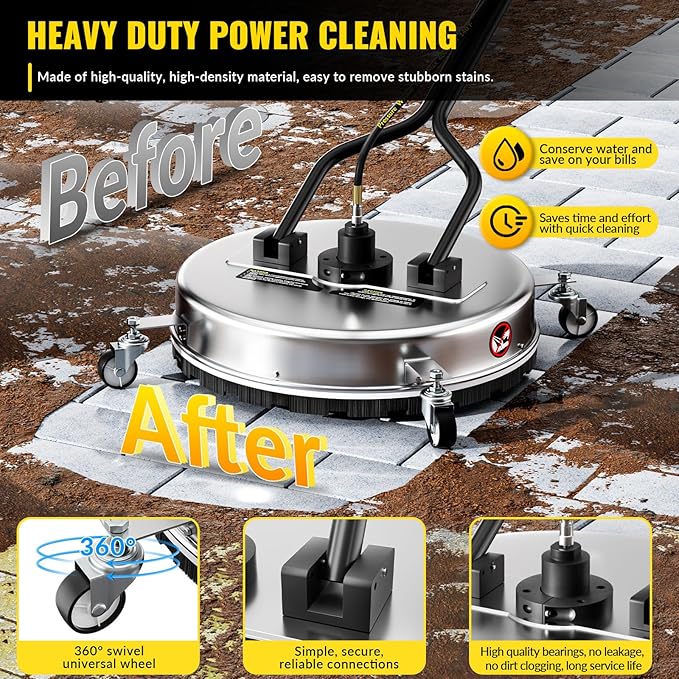 21''Pressure Washer Surface Cleaner,4500PSI Power Washer Surface Cleaner Attachment with Wheels,Dual Handle,Stainless Steel Housing, 3/8'' Quick-Connect for Driveway Sidewalk Curb Deck Patio Cleaning