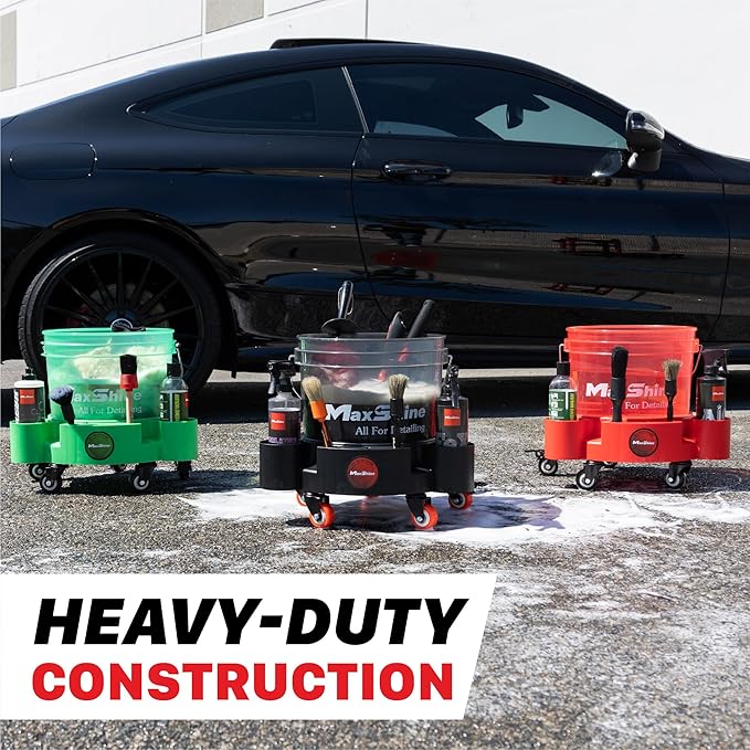 Maxshine Universal Rolling Bucket Dolly (Black) – Heavy-Duty Polypropylene with 5 Swivel Wheels, 5 Bottle & Brush Holders – Secure Fit, Spill-Free Design for Car Wash & Auto Detailing Organization