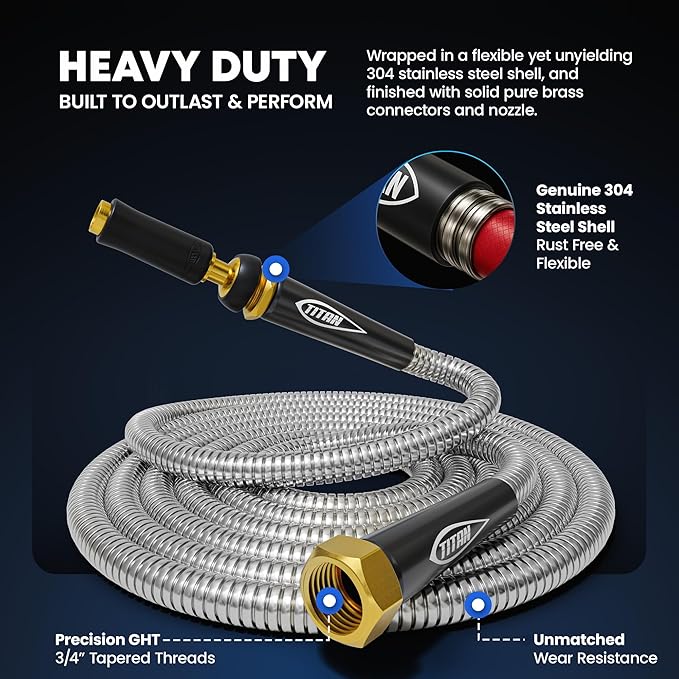 TITAN Garden Hose 75FT - 304 Stainless Steel Metal Water Hose, Flexible, Kink-Free, Lightweight, Durable, Crush Resistant Fittings, Easy to Coil, 500 PSI