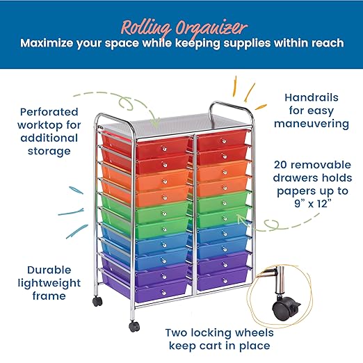 ECR4Kids 20-Drawer Mobile Organizer, Storage Cart, Assorted
