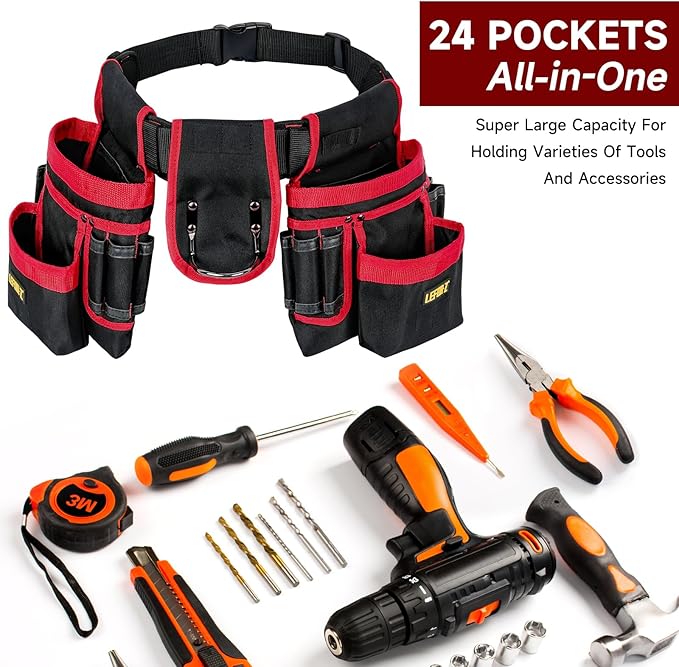 Tool Belt,Magnetic Tool Pouch,27-Pockets Heavy Duty Tool Belts for Men,Detachable Tool Pouch Bag for Electrician,Carpenter,Construction,Work Apron,Utility Belt,Valentines Day Gifts for Men,Black,Red