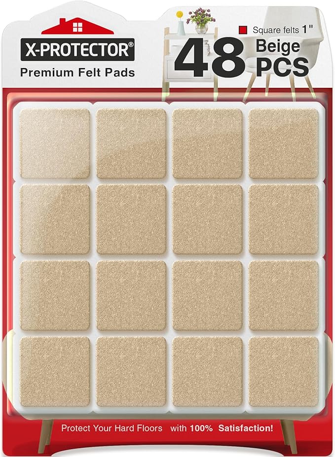 X-PROTECTOR Felt Furniture Pads - 48 PCS 1" - Felt Pads Floor Protectors - Chair Felt Pads - Felt Pads for Furniture Feet - Furniture Pads for Hardwood Floors - Protect Your Floors! (Beige, Square)