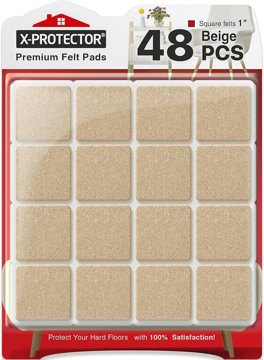 X-PROTECTOR Felt Furniture Pads - 48 PCS 1" - Felt Pads Floor Protectors - Chair Felt Pads - Felt Pads for Furniture Feet - Furniture Pads for Hardwood Floors - Protect Your Floors! (Beige, Square)
