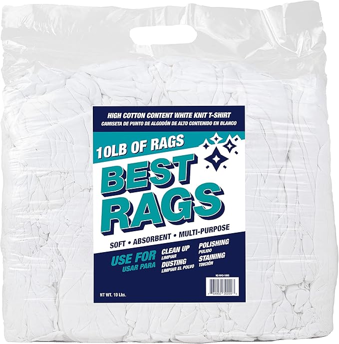 Arkwright W43 Cotton Tshirt Rags - 10 lb Bag - Soft Lint Free Cloths for Cleaning, Streak & Scratch-Free, Professional Grade Wiping Towels for Polishing, Painting, and Staining, White
