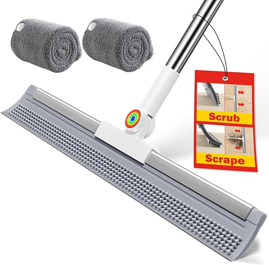 Floor Squeegee for Concrete Floors, 180° Rotating Silicone Broom, Squeegee for Floor with Long Handle and Textured Squeegee Design, Water and Pet Hair Remover for Bathroom Floors, Tile, Deck and Glass
