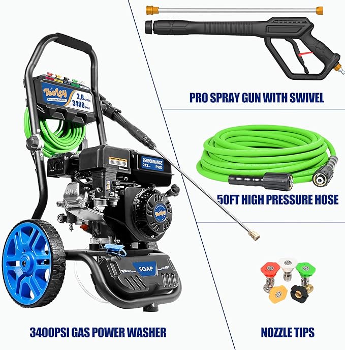 TOOLCY 3400 PSI & 2.8 GPM Gas Powered Pressure Washer with Onboard Soap Tank, Power Washer for Cleaning Cars Homes Patios Fences Driveways, Spray Gun, 5 Nozzles, 50FT Pressure Hose (Foldable Frame)