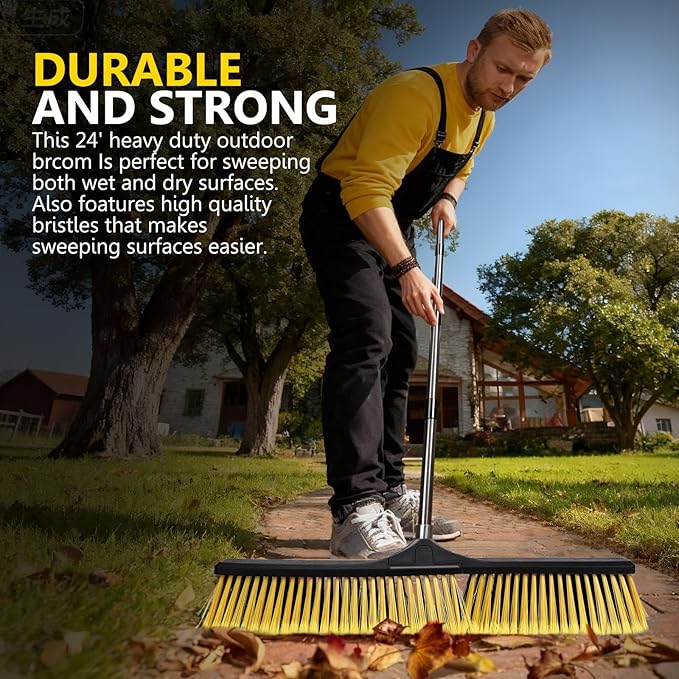 24" Push Broom,Masthome Industrial Broom with Stiff Bristles,Outdoor Broom Heavy Duty and 55" Long Handle,Heavy Duty Broom Brush for Garage Yard Patio Warehouse Concrete Floor Cleaning