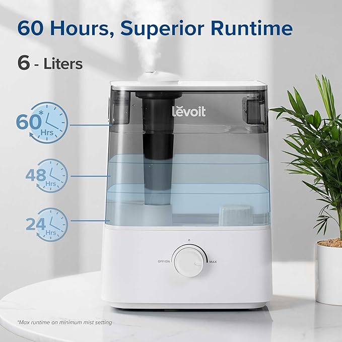 LEVOIT Classic300 Ultrasonic Top Fill Humidifier, Extra Large 6L Tank Last 60-Hour - Super Quiet, Easy to Use and Clean, 360° Rotation Nozzle, Simple Knob Control, Handle, Auto Shut Off, Gray