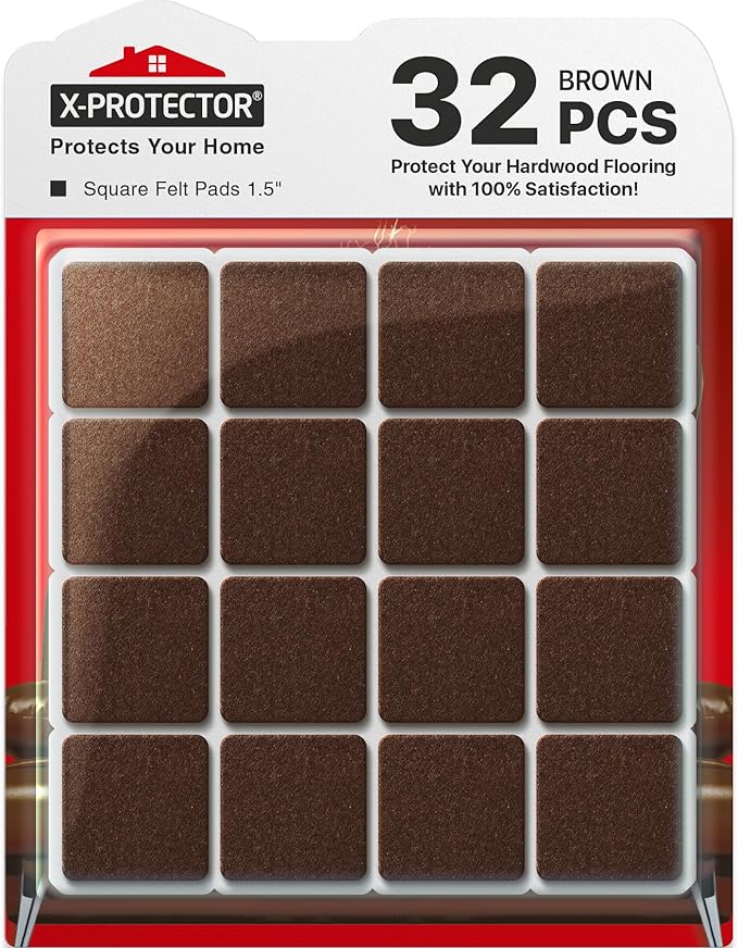 X-PROTECTOR Felt Furniture Pads - 32 PCS 1 1/2" Floor Protectors for Chair and Furniture Feet - Protect Your Hardwood Floors! (Brown, Square)