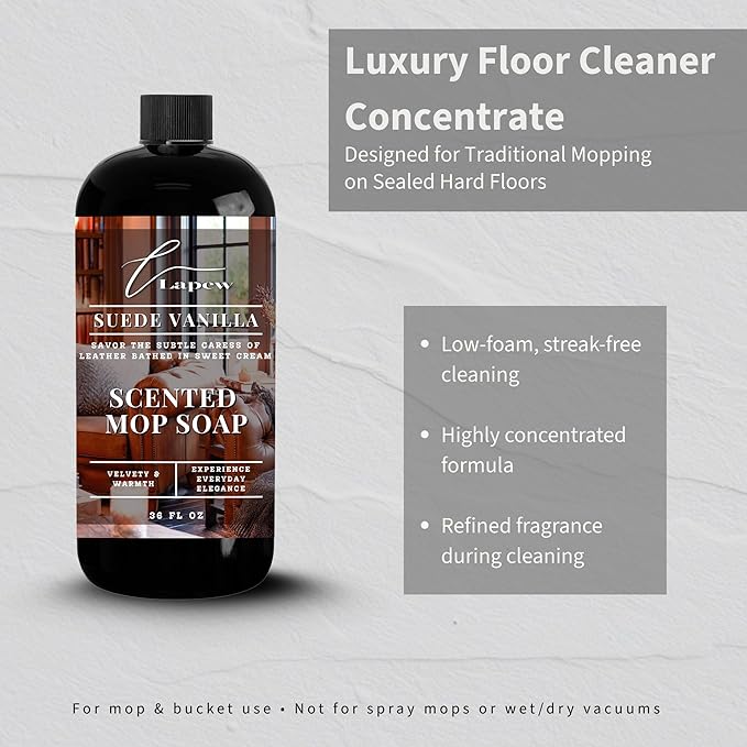 Luxury Floor Cleaner, Scented Mop Soap Concentrate | Hard Floor Cleaner for Tile, Vinyl, Laminate, LVP & Sealed Hardwood | Low-Foam, Streak-Free | 36 oz | Suede Vanilla