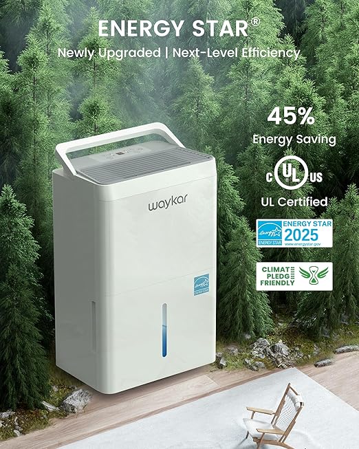 Waykar 5000 Sq.Ft 2025 Energy Star Dehumidifier for Home, Basement, Bedroom, Bathroom, Max 80 Pint/D(Standard 63 Pint/D) with Drain Hose&Water Tank, Ultra Quiet(40 dB), Intelligent Humidity Adjustment
